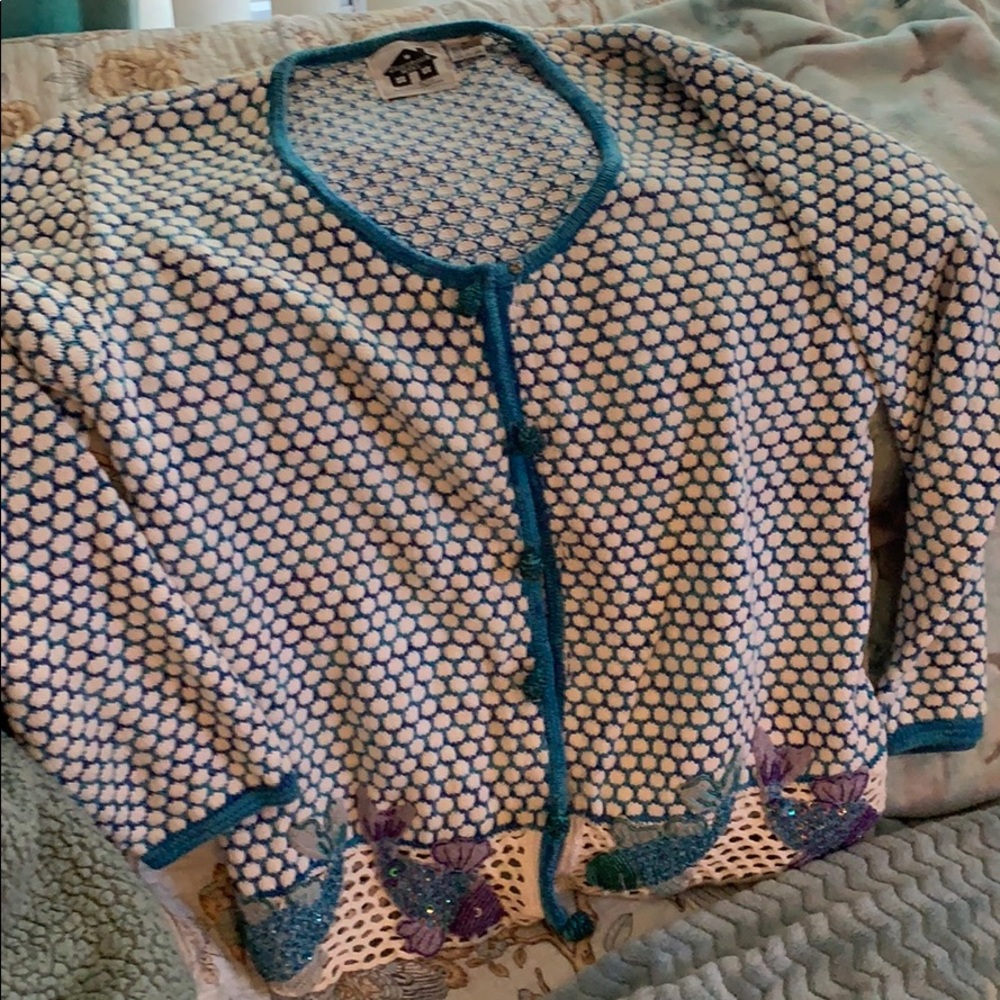 Storybook Knits cardigan w/ beaded fish&crochet